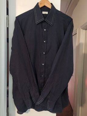 Marol Bologna Dress Shirt Men's 42 16 1/2  Black White Dots Trim Button Up Italy